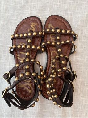 Sam Edelman Brown Studded Gladiator Sandals with Gold Accents